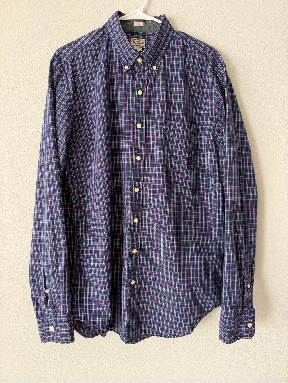 J.Crew Tailored Tall Men's L Button-Down Shirt Blue Plaid 100% Cotton Workwear